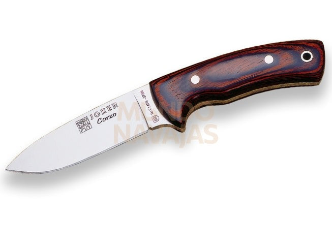 Cuchillo bushcraft Joker Corzo con cachas de madera roja prensada y hoja de 10 cm.