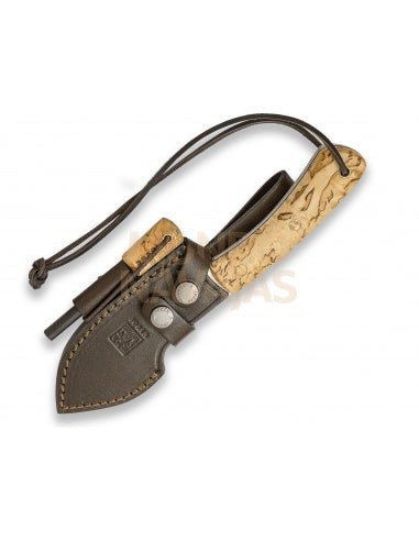 Cuchillo bushcraft Joker Nessmuk s, con ferrocerio, mango abedul rizado
