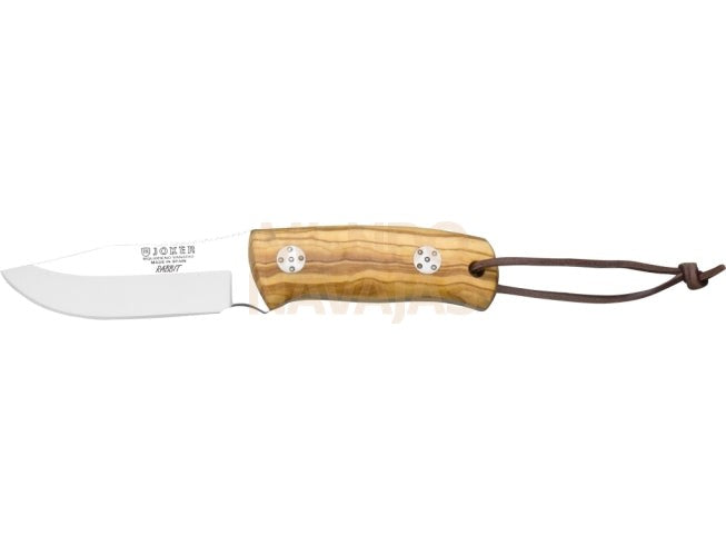 Cuchillo bushcraft Joker Rabbit con cachas en madera de olivo y hoja inox de 8,5 cm.