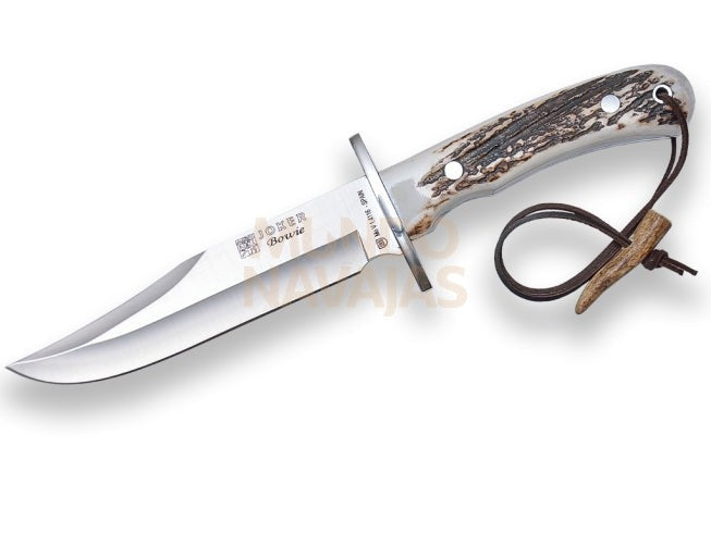 Cuchillo de caza Joker Bowie con puño de ciervo y hoja de 16 cm. funda de cuero.