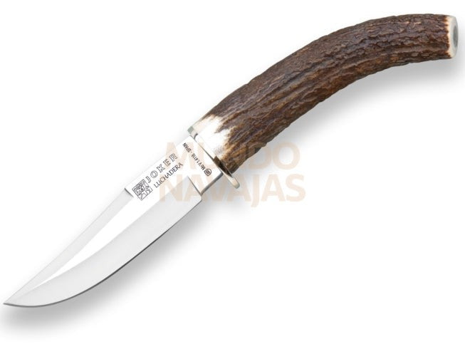 Cuchillo de caza Joker Luchadera, mango asta de ciervo, hoja de 11 cm. funda de cuero