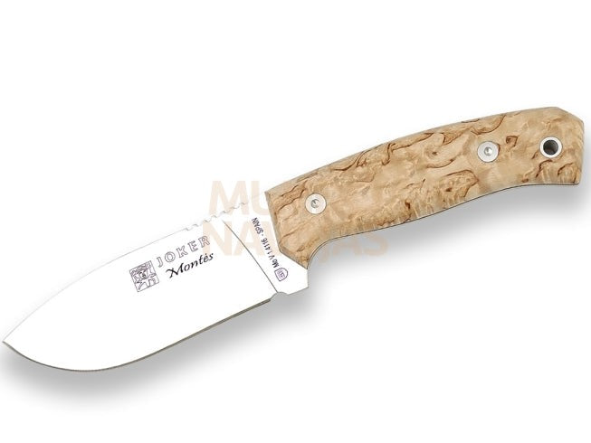Cuchillo de monte enterizo con cachas de abedul rizado y hoja de 10,5 cm