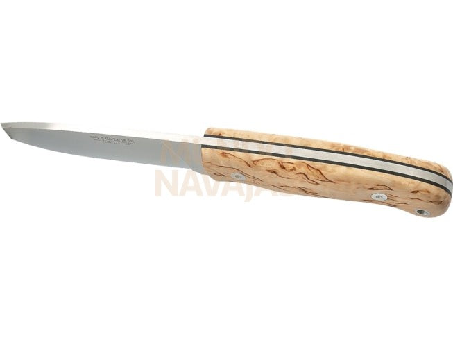 Cuchillo de monte enterizo con cachas de abedul rizado y hoja de 11 cm
