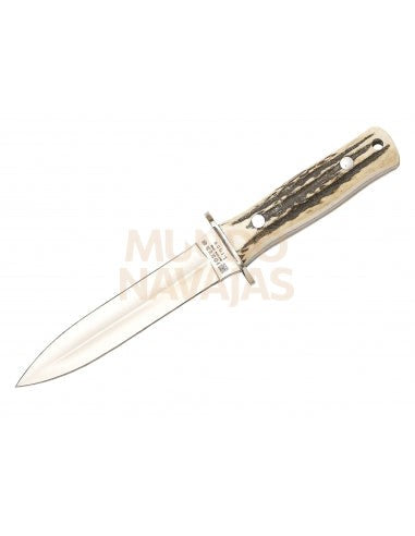 Cuchillo de monte enterizo con cachas en asta de ciervo y hoja doble filo de 15,5 cm.