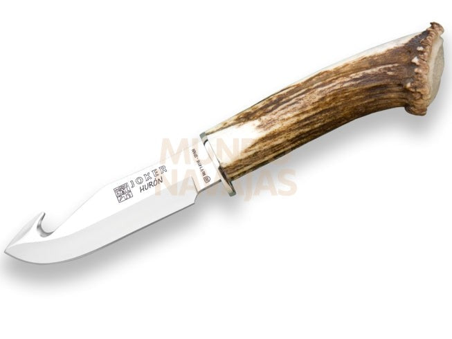 Cuchillo desollador Joker Hurón, puño de ciervo, hoja acero inox de 11 cm.funda de cuero