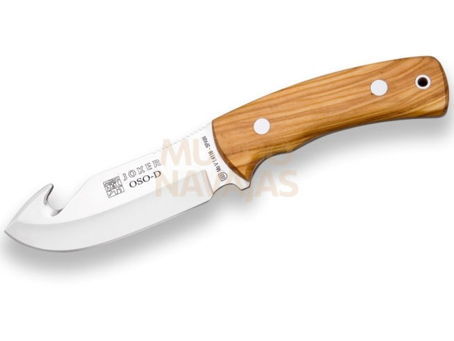 Cuchillo desollador Joker Oso,cachas madera de olivo, hoja acero inox de 12 cm.funda de...