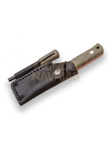 Cuchillo Joker Erizo TS1 puño micarta canvas verde h/ 7,5 cm funda piel con pedernal
