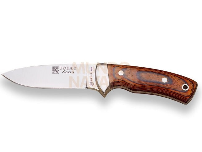 Cuchillo montero con cachas de madera roja prensada y hoja de 10 cm.