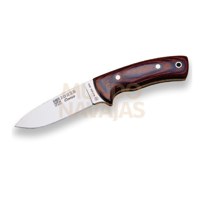 Cuchillo bushcraft Joker Corzo con cachas de madera roja prensada y hoja de 10 cm.