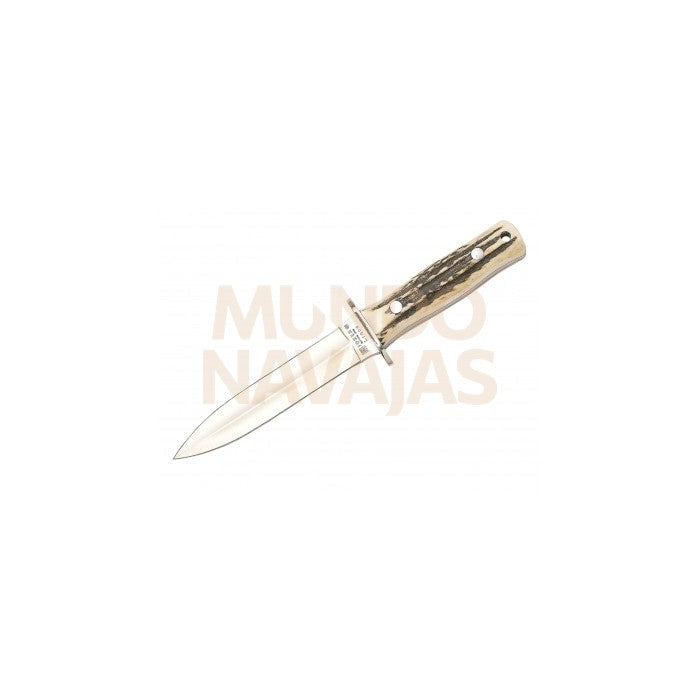 Cuchillo de monte enterizo con cachas en asta de ciervo y hoja doble filo de 15,5 cm.
