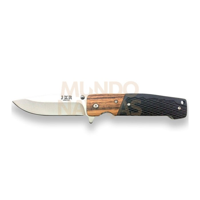 Navaja deportiva JKR con cachas en G10 y madera, hoja inox de 8,7 cm.