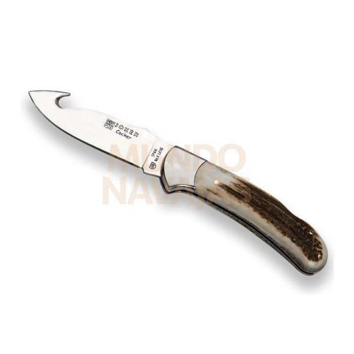 Navaja desollador Joker Cocker con cachas en asta de ciervo virola inox y hoja de 9 cm.