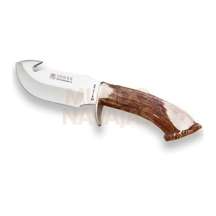 Cuchillo desollador Joker Desmogue d, puño de ciervo, hoja inox de 11 cm.funda de cuero.