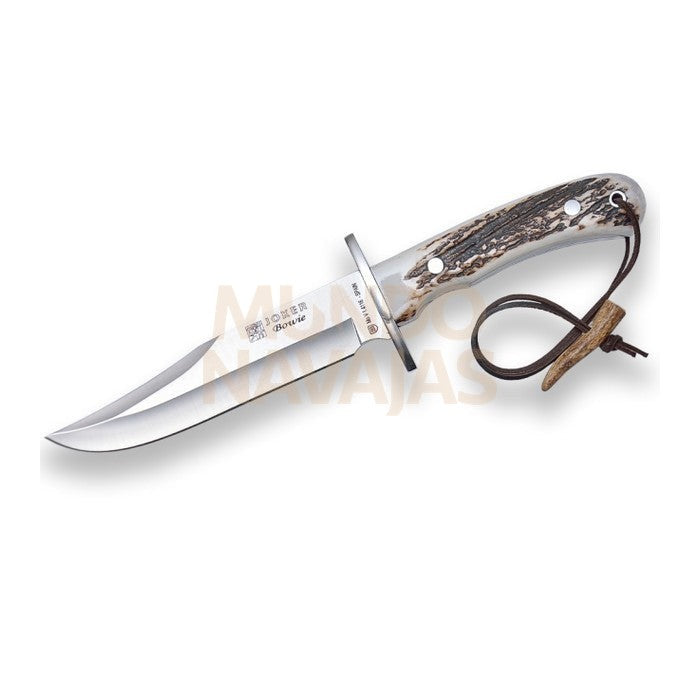 Cuchillo de caza Joker Bowie con puño de ciervo y hoja de 16 cm. funda de cuero.