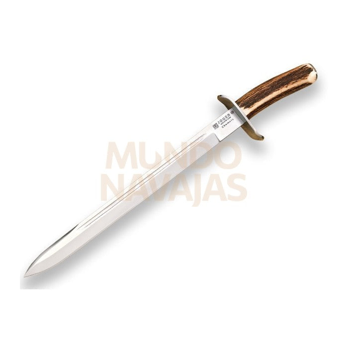 Cuchillo de remate Joker Chamoís, puño asta de ciervo, hoja de 33 cm. funda de cuero