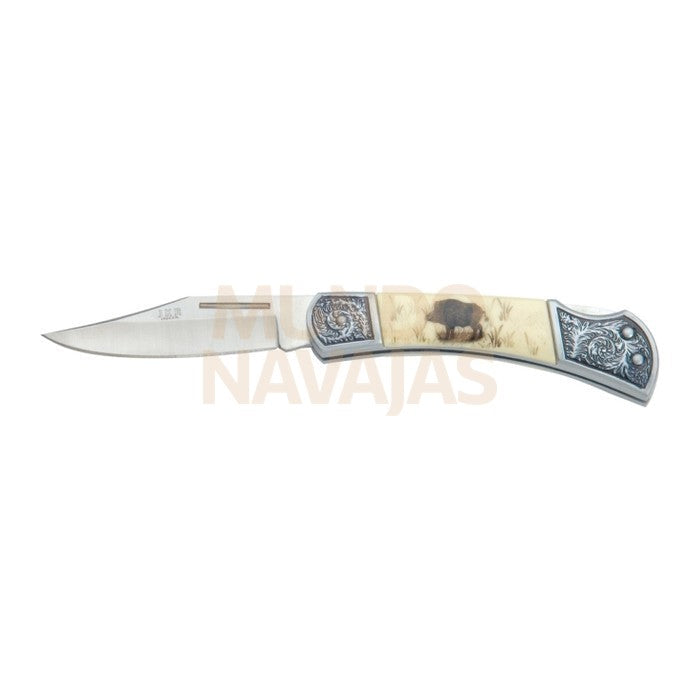 Navaja decorada motivo jabali puño zamak y hoja de 8 cm.