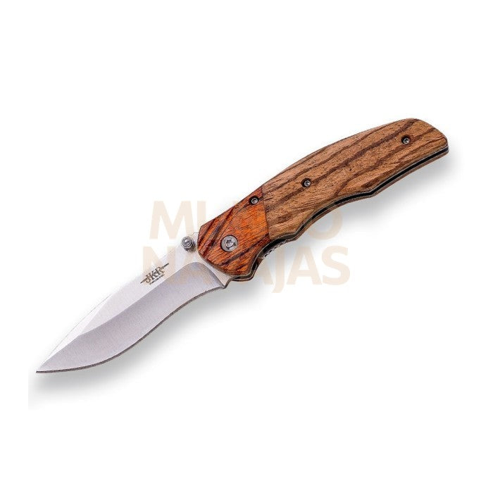 Navaja deportiva con apertura manual. hoja acero inox 8 cm, mango madera cebrano