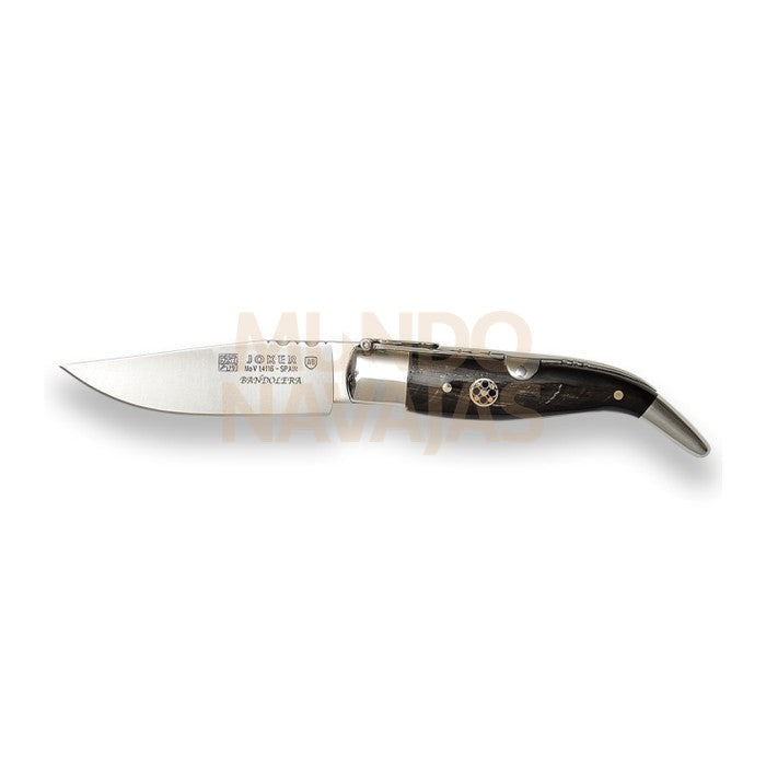 Navaja bandolera con puño de bufalo y mosaico incrustado hoja 8 cm. incluye estuche.