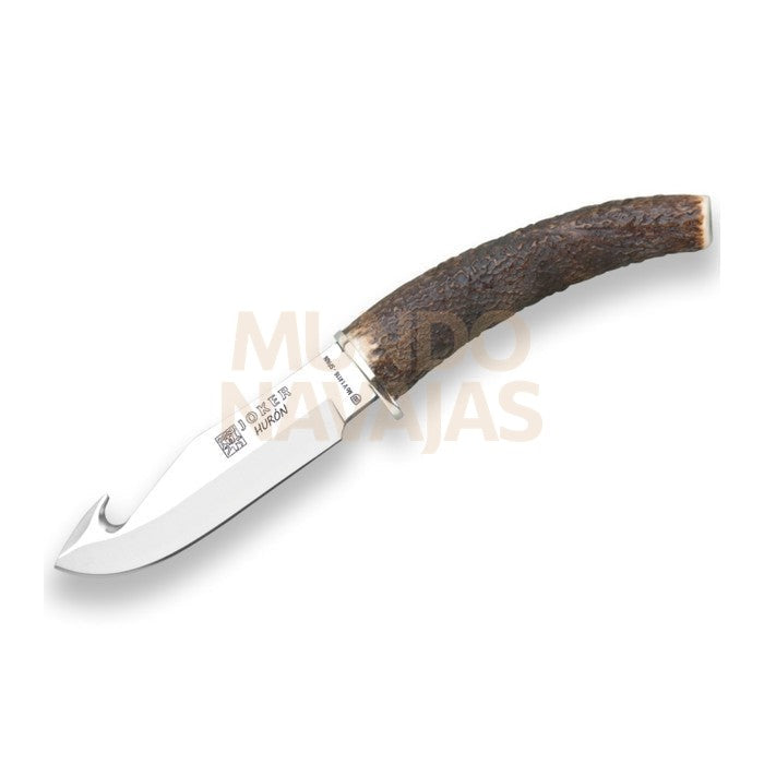 Cuchillo desollador Joker Hurón, puño de ciervo, hoja acero inox de 11 cm.funda de cuero.
