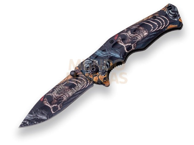 Navaja aertura asistida JKR. hoja acero inox 8,5 cm. puño aluminio. motivo la muerte