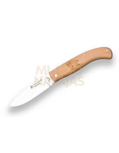 Navaja de bolsillo con cachas de haya y hoja inox. de 8 cm. motivo jabalí