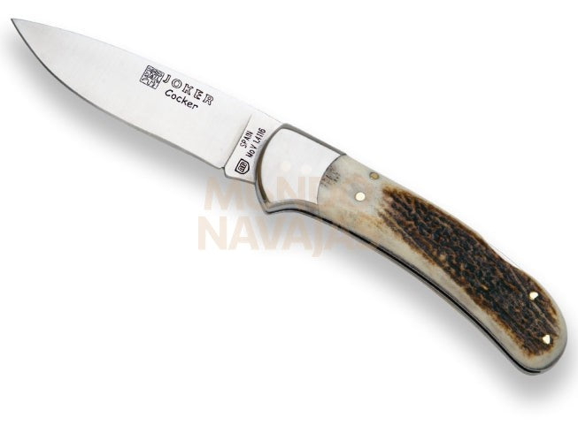 Navaja de caza Joker Cocker con cachas en asta de ciervo virola inox.y hoja de 9 cm