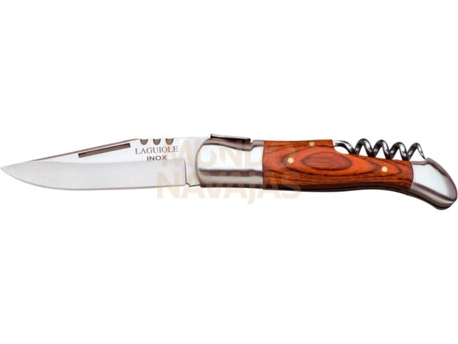 Navaja  de caza laguiole puño madera roja c/sacacorchos y hoja de 9 cm
