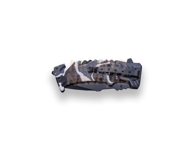 Navaja de rescate JKR581, hoja 8,5 cm y puño camuflaje. rompe cristales y corta...