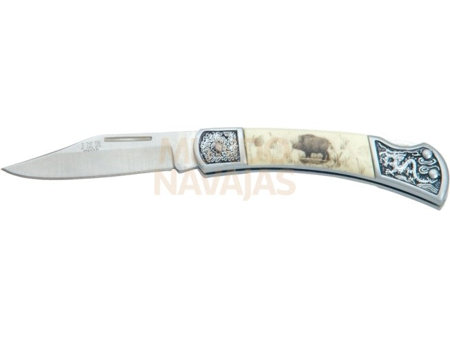 Navaja decorada motivo jabali puño zamak y hoja de 7 cm