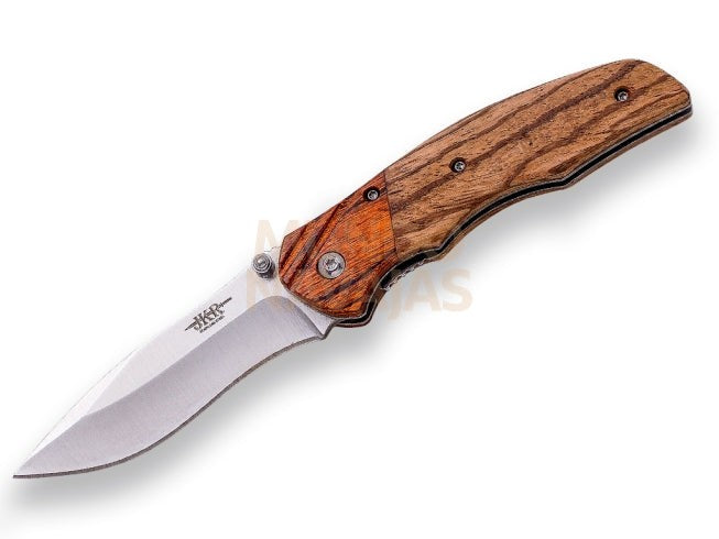 Navaja deportiva con apertura manual. hoja acero inox 8 cm, mango madera cebrano