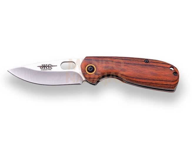Navaja deportiva JKR, apertura manual, hoja de acero inoxidable 6,5 cm, mango madera...