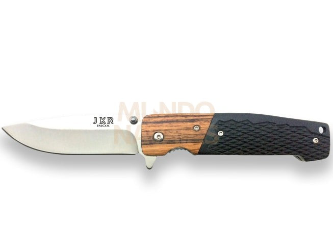 Navaja deportiva JKR con cachas en G10 y madera, hoja inox de 8,7 cm.