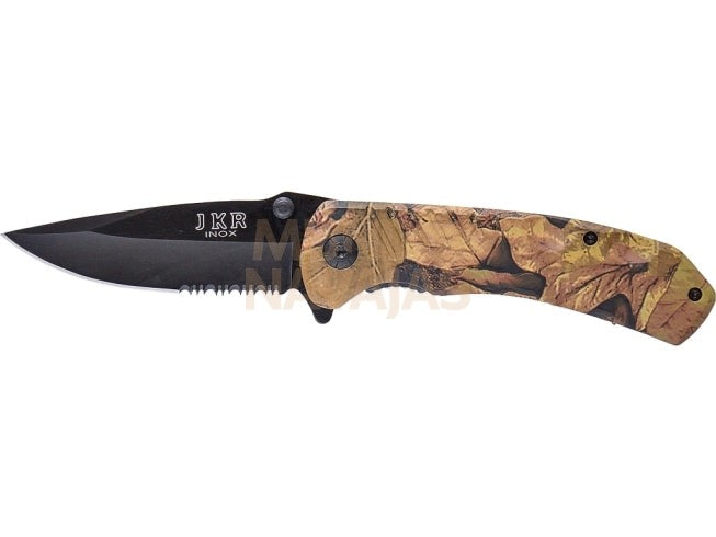 Navaja deportiva JKR430,puño de camuflaje y hoja pavonada con sierra de 8,5 cm