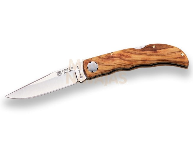 Navaja deportiva Joker Pointer con cachas de olivo agarre dedos bloqueo y hoja de 7,5 cm.