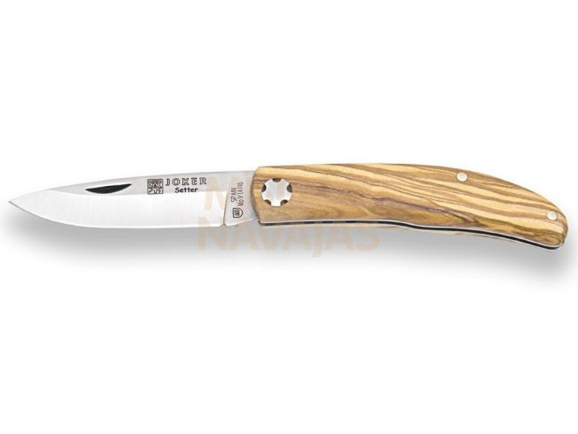Navaja pistón de bolsillo con cachas en madera de olivo y hoja de 6.5 cm