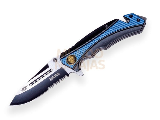 Navaja tactica JKR563, puño de aluminio, hoja de 8,5 cm, corta cinturones y rompe...